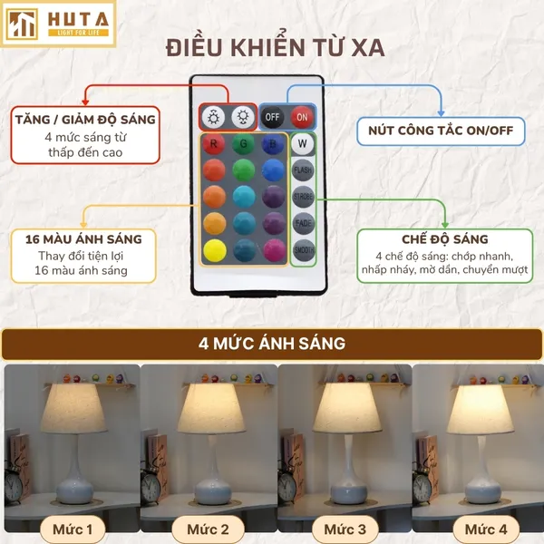 Đèn Ngủ Để Bàn Thép HUTA T3 Ánh Sáng Vàng, Điều Chỉnh Độ Sáng, Bảo Hành 24 Tháng  