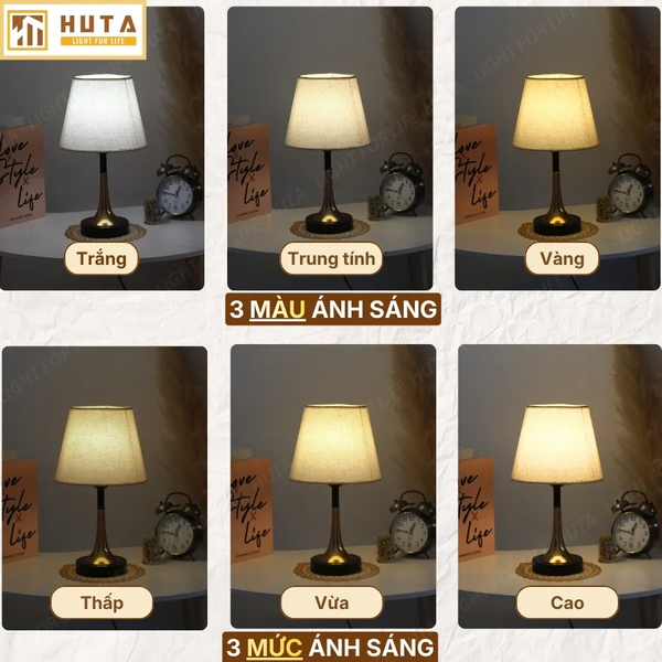 Đèn Ngủ Để bàn HUTA Light For Life T5 Sang Trọng Điều Chỉnh Độ Sáng, Bóng Led Sáng Vàng  