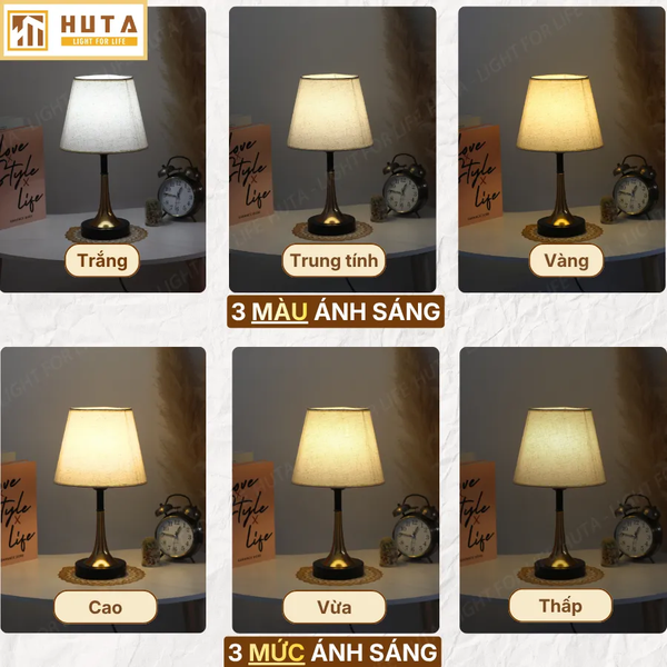 Đèn Ngủ Để bàn HUTA Light For Life T5 Sang Trọng Điều Chỉnh Độ Sáng, Bóng Led Sáng Vàng  
