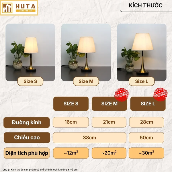 Đèn Ngủ Để bàn HUTA Light For Life T5 Sang Trọng Điều Chỉnh Độ Sáng, Bóng Led Sáng Vàng  