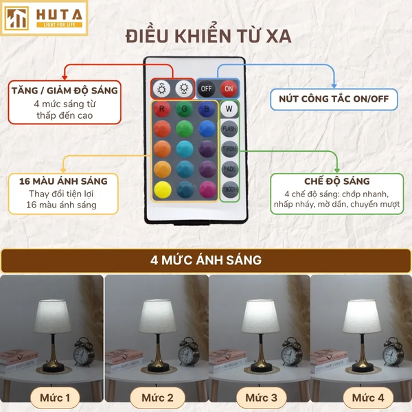 Đèn Ngủ Để bàn HUTA Light For Life T5 Sang Trọng Điều Chỉnh Độ Sáng, Bóng Led Sáng Vàng  