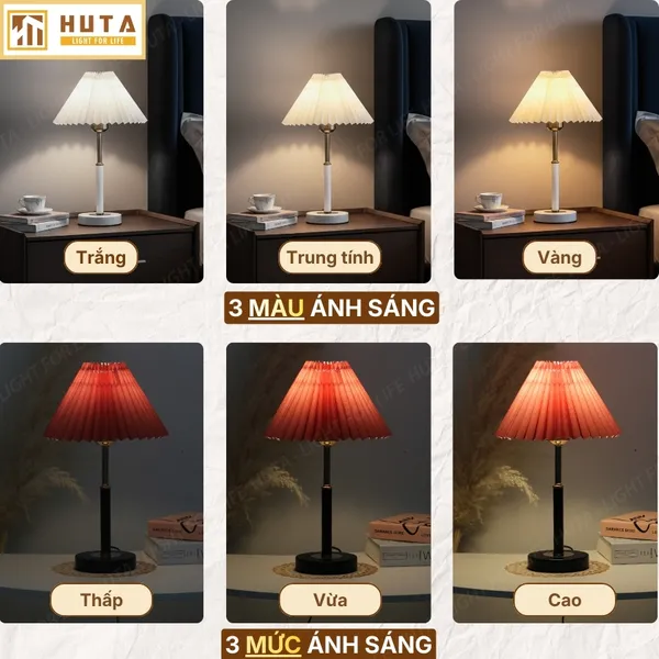 Đèn Ngủ Để Bàn Xếp Ly HUTA Light For Life T9 Kiểu Dáng Châu Âu, Điều Chỉnh Độ Sáng Decor Phòng Ngủ