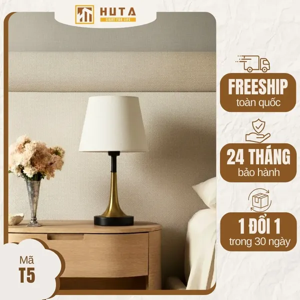 Đèn Ngủ Để bàn HUTA Light For Life T5 Sang Trọng Điều Chỉnh Độ Sáng, Bóng Led Sáng Vàng  