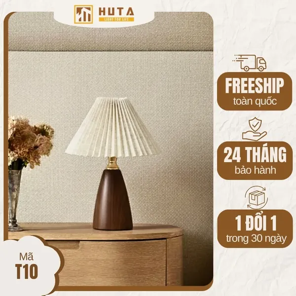 Đèn Ngủ Để Bàn HUTA Light For Life Mã T10 Thân Kim Loại Vân Gỗ Vintage, Điều Chỉnh Ánh Sáng Vàng Ấm
