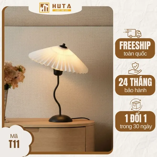 Đèn Ngủ Để Bàn HUTA Light For Life T11 Thân Kim Loại, Chao Xếp Ly Vintage, Đầu Cắm Điện 2 Chấu 220V