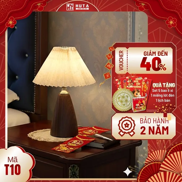 Đèn Ngủ Để Bàn HUTA Light For Life Mã T10 Thân Kim Loại Vân Gỗ Vintage, Điều Chỉnh Ánh Sáng Vàng Ấm