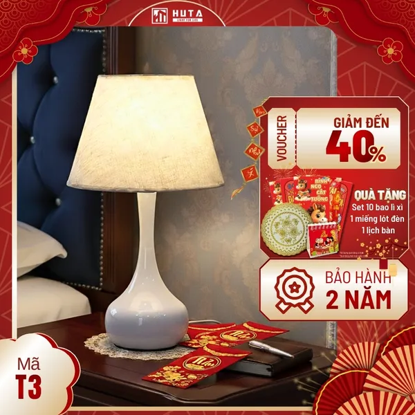 Đèn Ngủ Để Bàn Thép HUTA T3 Ánh Sáng Vàng, Điều Chỉnh Độ Sáng, Bảo Hành 24 Tháng  