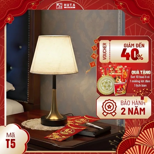 Đèn Ngủ Để bàn HUTA Light For Life T5 Sang Trọng Điều Chỉnh Độ Sáng, Bóng Led Sáng Vàng  