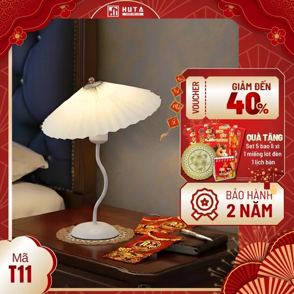 Đèn Ngủ Để Bàn HUTA Light For Life T11 Thân Kim Loại, Chao Xếp Ly Vintage, Đầu Cắm Điện 2 Chấu 220V
