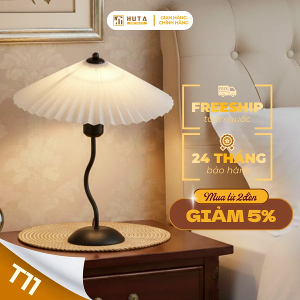 Đèn Ngủ Để Bàn HUTA Light For Life T11 Thân Kim Loại, Chao Xếp Ly Vintage, Đầu Cắm Điện 2 Chấu 220V