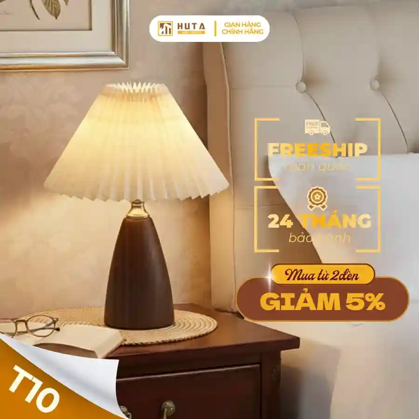 Đèn Ngủ Để Bàn HUTA Light For Life Mã T10 Thân Kim Loại Vân Gỗ Vintage, Điều Chỉnh Ánh Sáng Vàng Ấm