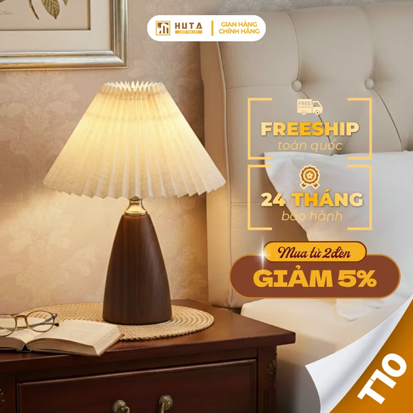 Đèn Ngủ Để Bàn HUTA Light For Life Mã T10 Thân Kim Loại Vân Gỗ Vintage, Điều Chỉnh Ánh Sáng Vàng Ấm