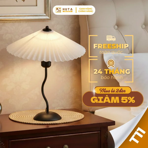Đèn Ngủ Để Bàn HUTA Light For Life T11 Thân Kim Loại, Chao Xếp Ly Vintage, Đầu Cắm Điện 2 Chấu 220V