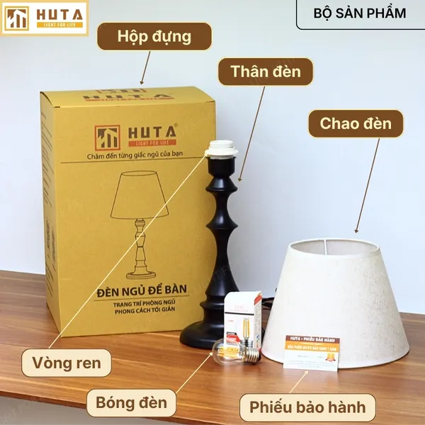Đèn Ngủ Để Bàn Thép HUTA Light For Life T2 Sang Trọng Điều Chỉnh Độ Sáng, Bóng Led Sáng Vàng
