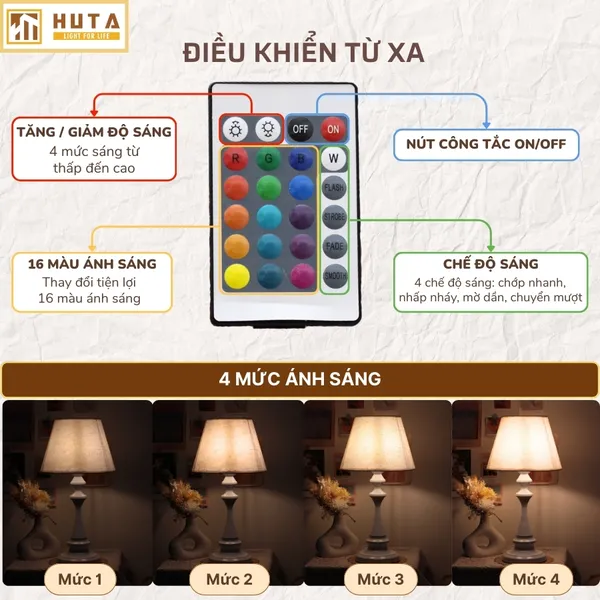 Đèn Ngủ Để Bàn Thép HUTA Light For Life T2 Sang Trọng Điều Chỉnh Độ Sáng, Bóng Led Sáng Vàng