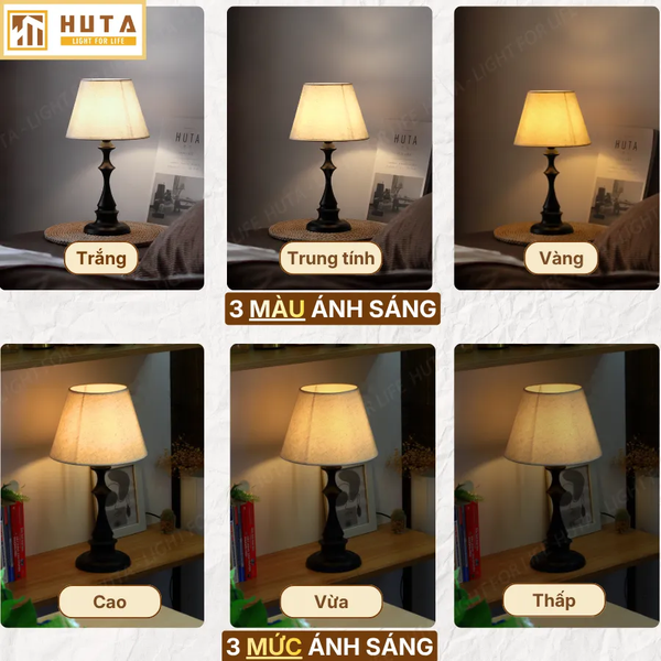 Đèn Ngủ Để Bàn Thép HUTA Light For Life T2 Sang Trọng Điều Chỉnh Độ Sáng, Bóng Led Sáng Vàng