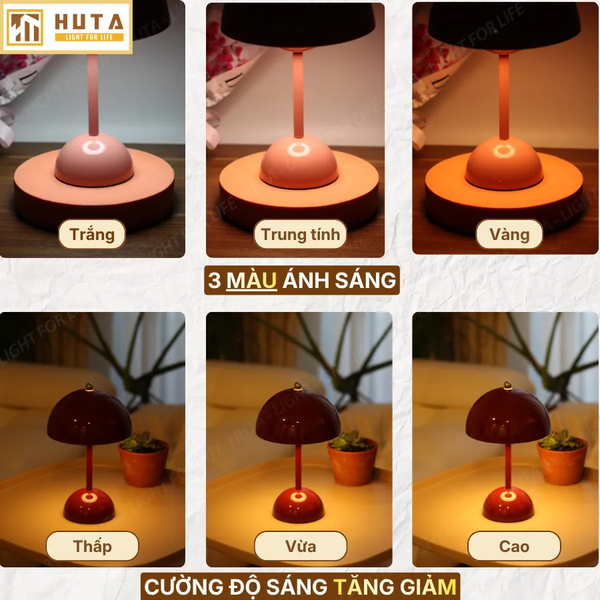 Đèn Ngủ Để Bàn HUTA Light For Life BEDNAM Tích Điện, Decor Hiện Đại, Ba Màu Ánh Sáng, Tăng Giảm Sáng
