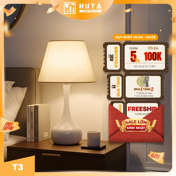 Đèn Ngủ Để Bàn Thép HUTA T3 Ánh Sáng Vàng, Điều Chỉnh Độ Sáng, Bảo Hành 24 Tháng  
