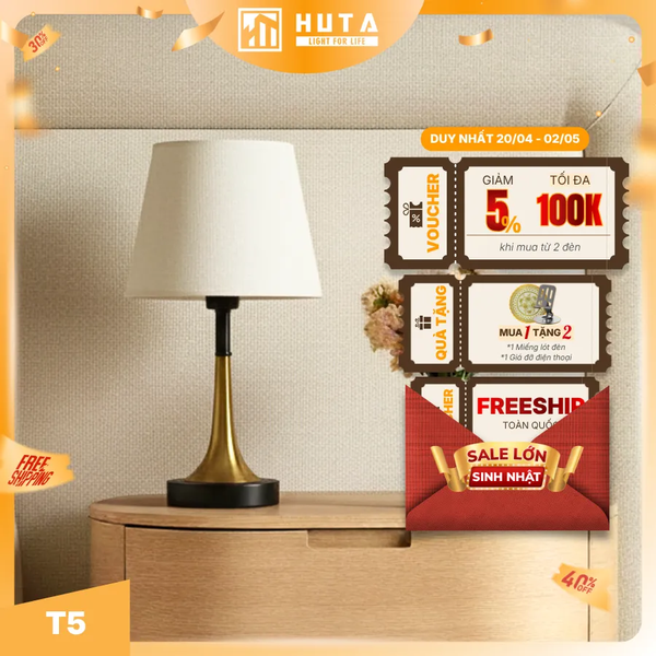 Đèn Ngủ Để bàn HUTA Light For Life T5 Sang Trọng Điều Chỉnh Độ Sáng, Bóng Led Sáng Vàng  