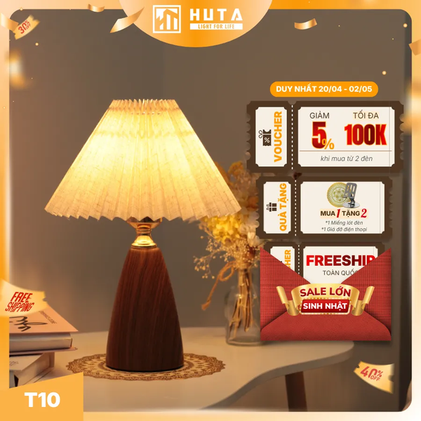 Đèn Ngủ Để Bàn HUTA Light For Life Mã T10 Thân Kim Loại Vân Gỗ Vintage, Điều Chỉnh Ánh Sáng Vàng Ấm