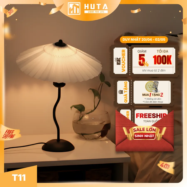Đèn Ngủ Để Bàn HUTA Light For Life T11 Thân Kim Loại, Chao Xếp Ly Vintage, Đầu Cắm Điện 2 Chấu 220V