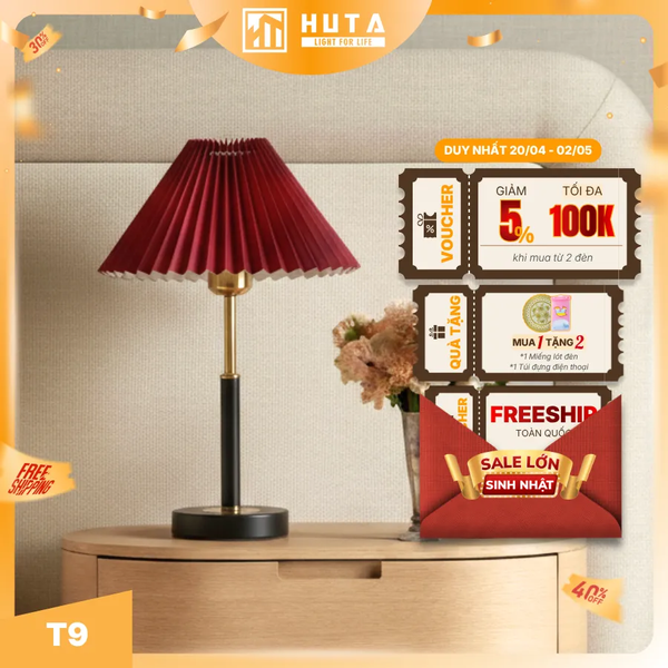 Đèn Ngủ Để Bàn Xếp Ly HUTA Light For Life T9 Kiểu Dáng Châu Âu, Điều Chỉnh Độ Sáng Decor Phòng Ngủ