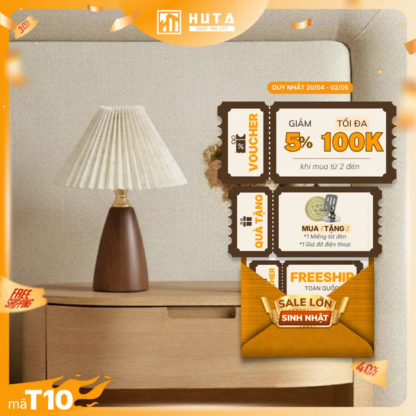 Đèn Ngủ Để Bàn HUTA Light For Life Mã T10 Thân Kim Loại Vân Gỗ Vintage, Điều Chỉnh Ánh Sáng Vàng Ấm