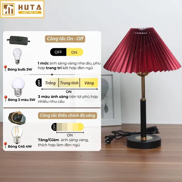 Đèn ngủ để bàn xếp ly HUTA Light For Life T9 kiểu dáng châu âu, điều chỉnh độ sáng decor phòng ngủ