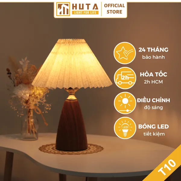 Đèn Ngủ Để Bàn HUTA Light For Life Mã T10 Thân Kim Loại Vân Gỗ Vintage, Điều Chỉnh Ánh Sáng Vàng Ấm