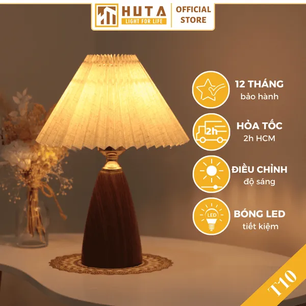 Đèn Ngủ Để Bàn HUTA Mã T10 Thân Kim Loại Vân Gỗ Vintage, Điều Chỉnh Ánh Sáng Vàng Ấm
