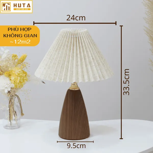 Đèn Ngủ Để Bàn HUTA Mã T10 Thân Kim Loại Vân Gỗ Vintage, Điều Chỉnh Ánh Sáng Vàng Ấm