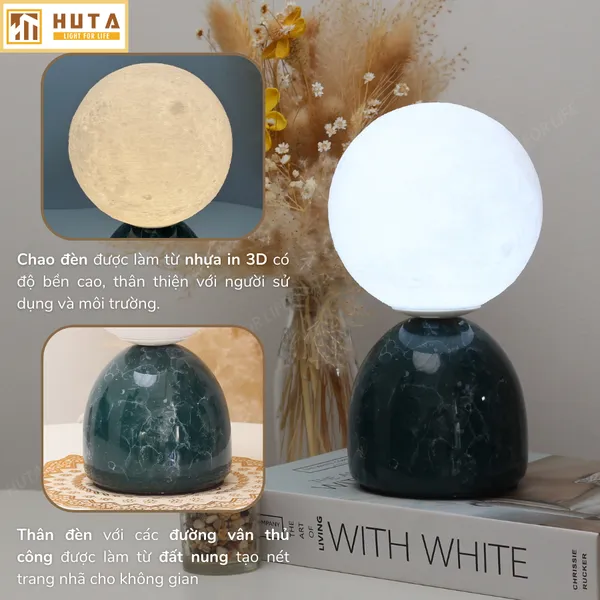 Đèn ngủ mặt trăng in 3D HUTA MT2 Thân Gốm Sứ, Điều Chỉnh Độ Sáng, Ba Màu Sáng