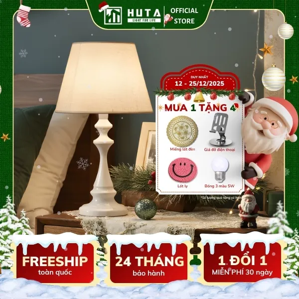 Đèn Ngủ Để Bàn Thép HUTA Light For Life T2 Sang Trọng Điều Chỉnh Độ Sáng, Bóng Led Sáng Vàng