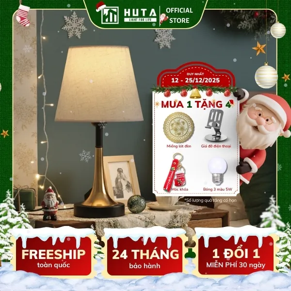 Đèn Ngủ Để bàn HUTA Light For Life T5 Sang Trọng Điều Chỉnh Độ Sáng, Bóng Led Sáng Vàng  
