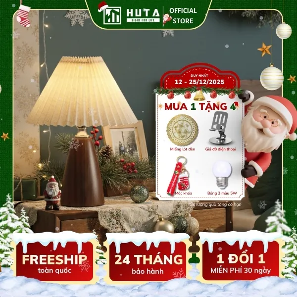Đèn Ngủ Để Bàn HUTA Light For Life Mã T10 Thân Kim Loại Vân Gỗ Vintage, Điều Chỉnh Ánh Sáng Vàng Ấm