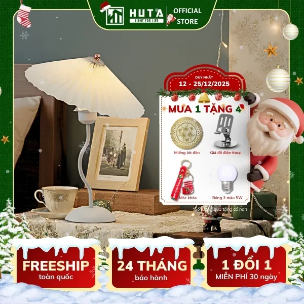Đèn Ngủ Để Bàn HUTA Light For Life T11 Thân Kim Loại, Chao Xếp Ly Vintage, Đầu Cắm Điện 2 Chấu 220V