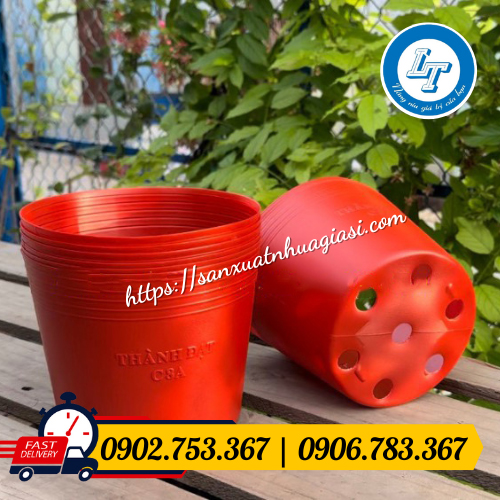 Chậu nhựa đỏ trồng hoa Chậu nhựa đỏ trồng hoa