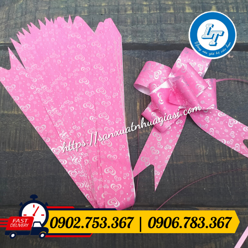Dây rút gói quà họa tiết tim hồng Dây rút gói quà họa tiết tim hồng