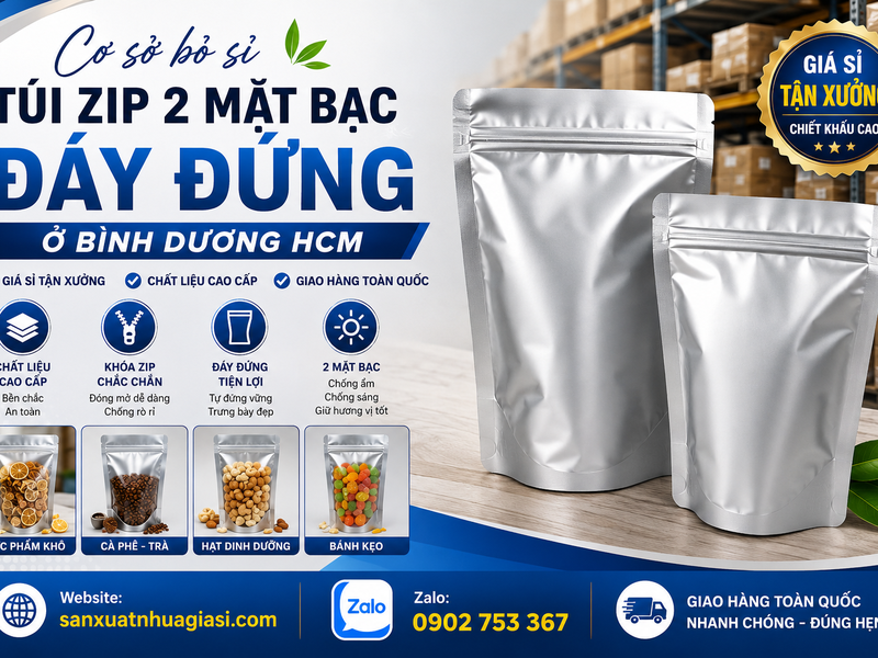CƠ SỞ BỎ SỈ TÚI ZIP 2 MẶT BẠC ĐÁY ĐỨNG Ở BÌNH DƯƠNG HCM