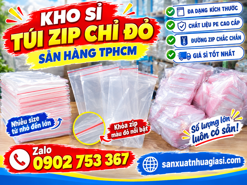 KHO SỈ TÚI ZIP CHỈ ĐỎ SẴN HÀNG TPHCM