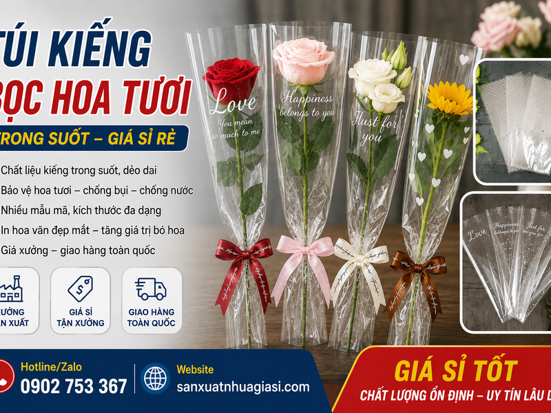XƯỞNG CUNG CẤP TÚI KIẾNG BỌC HOA TƯƠI TRONG SUỐT GIÁ SỈ RẺ