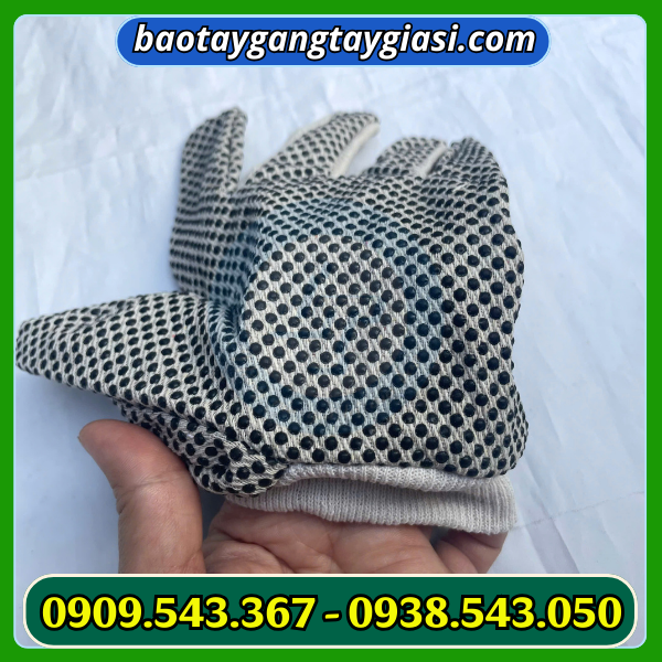 Găng tay vải bạt phủ hạt nhựa khắp bề mặt trong chống trơn trượt Găng tay vải bạt phủ hạt nhựa