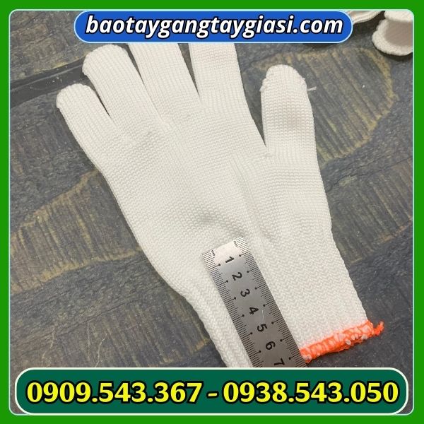Găng tay sợi poly trắng cổ dài 7cm Găng tay sợi poly trắng cổ dài 70g