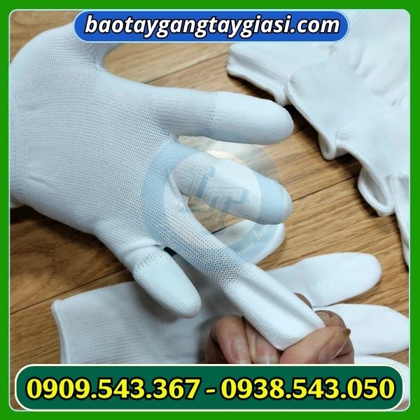 Găng tay phủ pu đầu ngón màu trắng đàn hồi tốt Găng tay phủ pu đầu ngón màu trắng