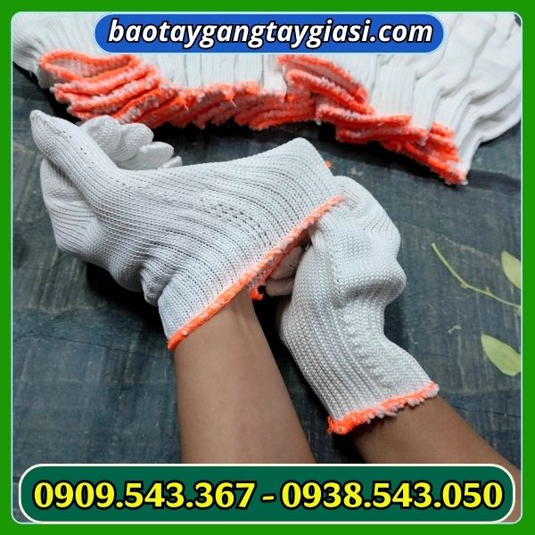 Găng tay sợi poly trắng cổ dài 70g co gian tốt Găng tay sợi poly trắng cổ dài 70g