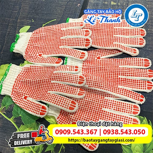 Găng tay len phủ hạt nhựa cam Găng tay len phủ hạt nhựa cam