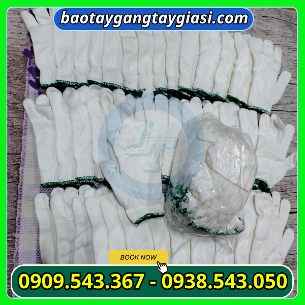 Găng tay len poly trắng viền xanh giá rẻ Tổng kho Găng tay len poly trắng