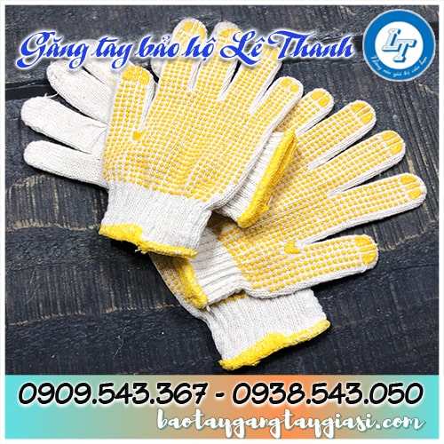 Găng tay phủ hạt nhựa màu vàng 60g Găng tay phủ hạt nhựa màu vàng 60g