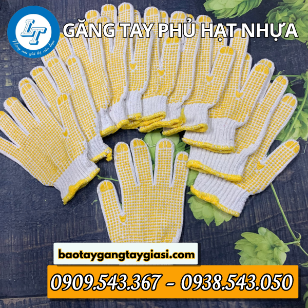 Găng tay len phủ hạt nhựa vàng Găng tay len phủ hạt nhựa vàng