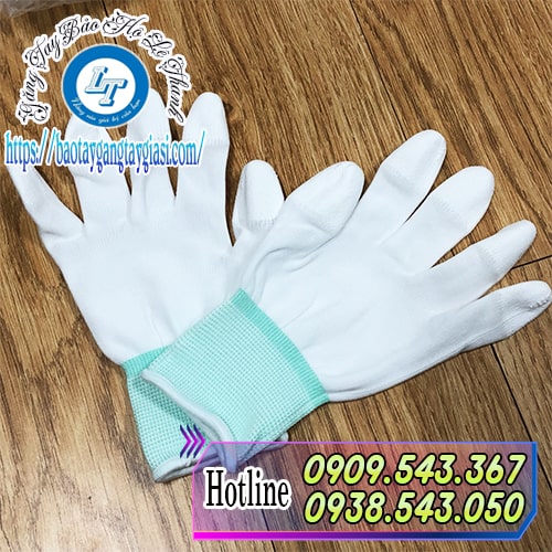 Găng tay phủ PU đầu ngón trắng viền xanh Găng tay phủ PU đầu ngón trắng viền xanh